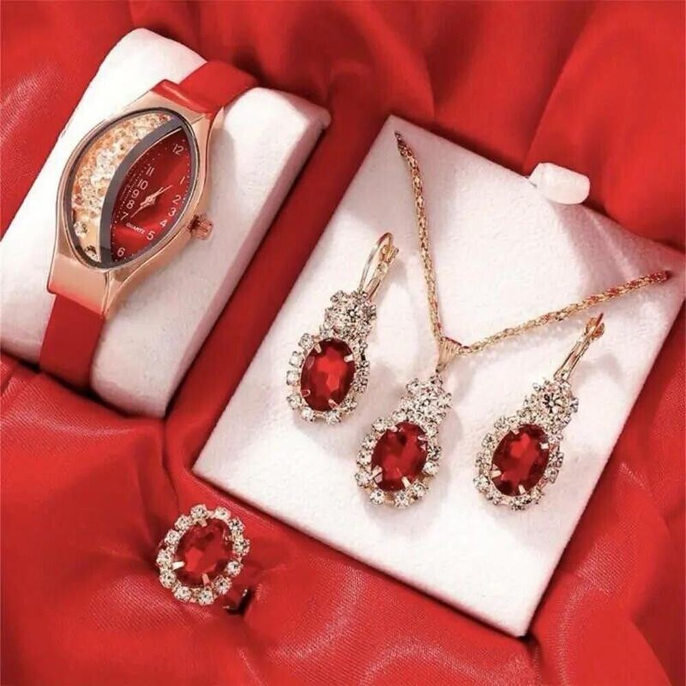 5pc Jewelry Set Oval Rhinestone Quartz Watch Red Face & Necklace Earrings Ring3